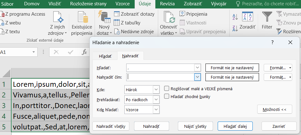 Excel - nahradenie čiarky v bunke zalomením riadka