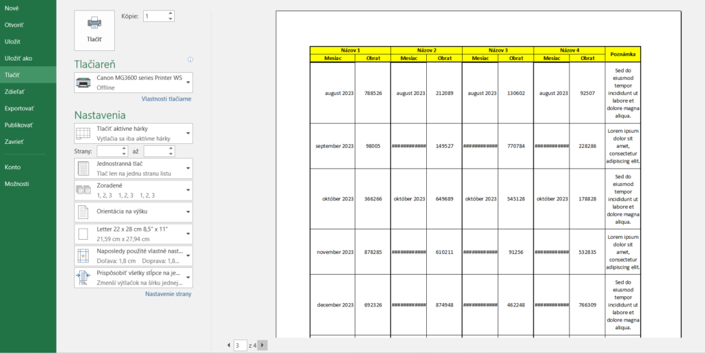 Excel - opakovanie riadkov pri tlači - náhľad