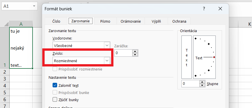 Riadkovanie textu v bunke v Exceli